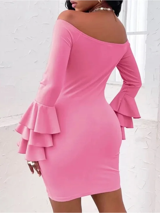 SHEIN Pink Off-Shoulder Ruffle Sleeve Bodycon Dress - Picture 2 of 2